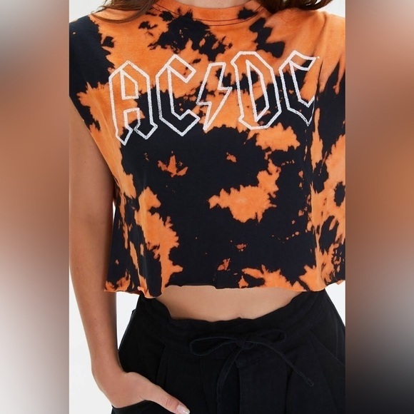 Forever 21 Band AC/DC Black Orange Cutoff Cropped sleeveless Tee shirt Small Med - Picture 3 of 8